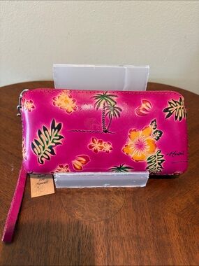 Pink Hawaiian Floral Wristlet Wallet  sunglasses case Leather
Fuchsia yw  bk NWT